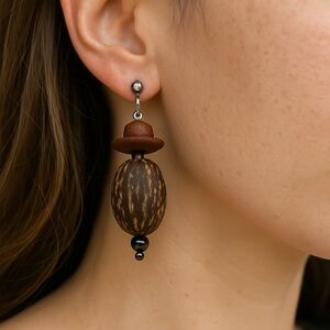 Nut pod dangle earrings pierced wood bead 1.5” long